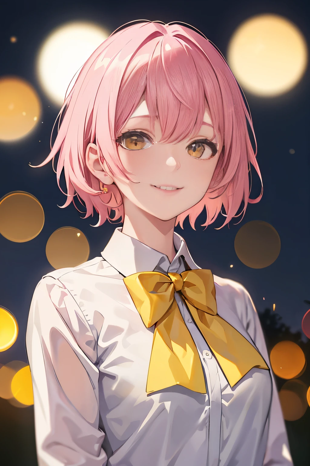masterpiece, best quality, short hair, pink hair, close up, yellow eyes, Smile, , bow tie, White shirt, night, Bokeh, outdoor,