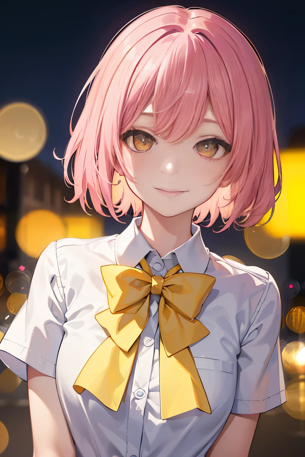 masterpiece, best quality, short hair, pink hair, close up, yellow eyes, Smile, , bow tie, White shirt, night, Bokeh, outdoor,