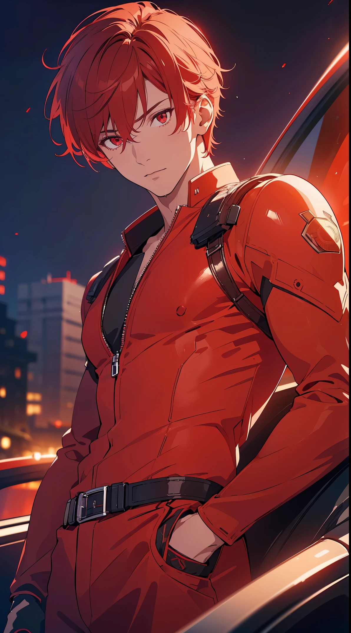 Man1, Male1, red hair, red eyes, classic red suit,(Highly detailed CG,module,8K wallpapers)،(Highest quality, high resolution, beautiful lighting, realistic shadow, high resolution)،(Detailed skin, highly detailed, detailed faces and eyes, realistic eyes, cowboy shot)