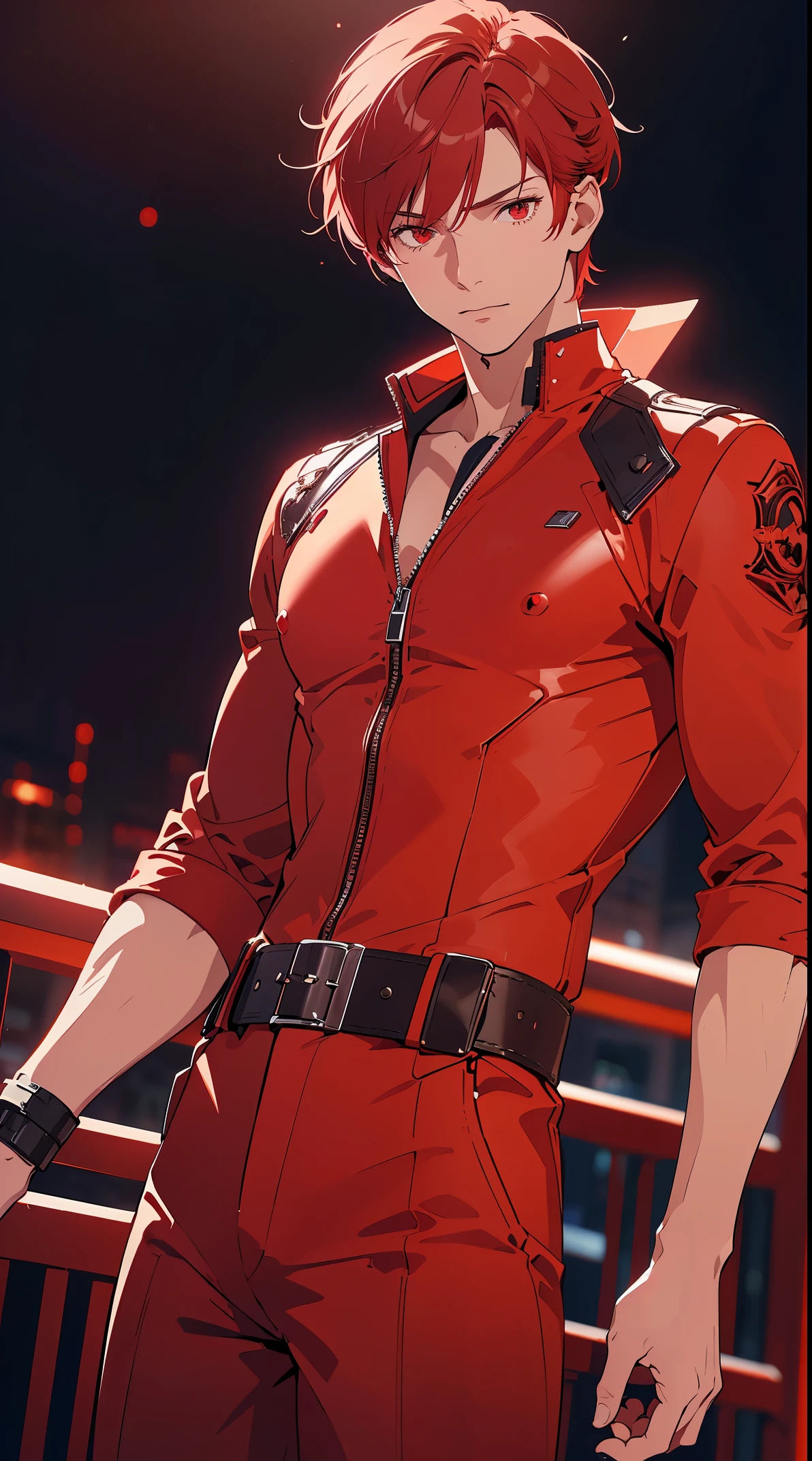 Man1, Male1, red hair, red eyes, classic red suit,(Highly detailed CG,module,8K wallpapers)،(Highest quality, high resolution, beautiful lighting, realistic shadow, high resolution)،(Detailed skin, highly detailed, detailed faces and eyes, realistic eyes, cowboy shot)