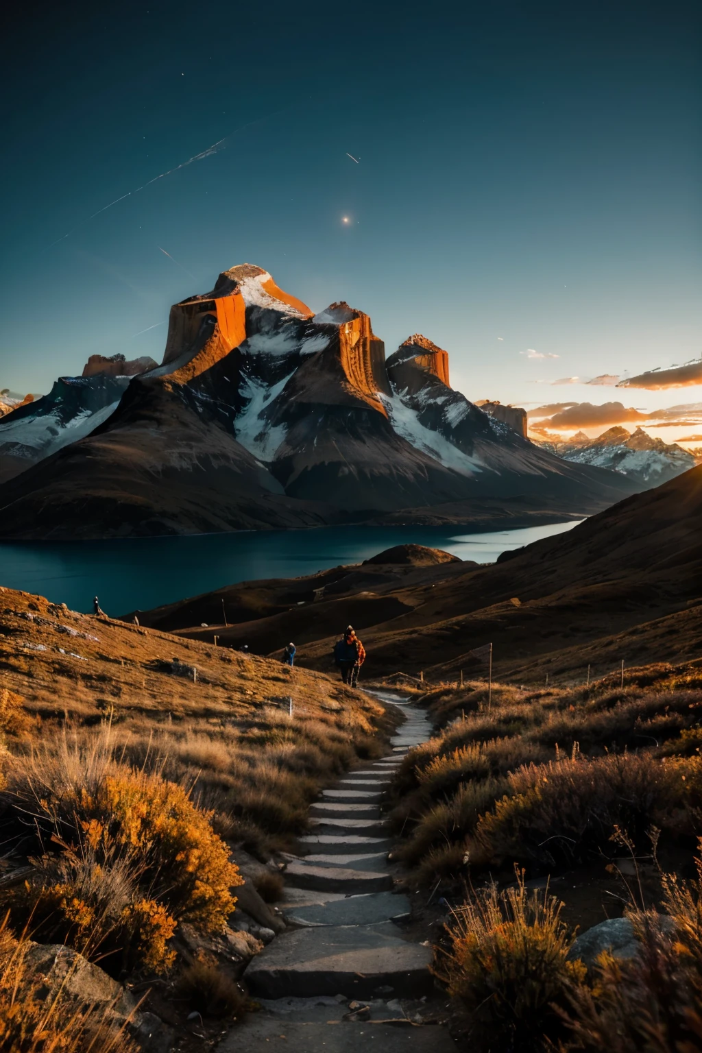 Torres del Paine, bright summit, dark path below, dramatic orange and teal look, high contrast light and darkness