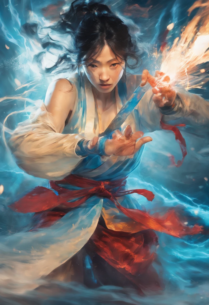 A picture full of stories,GoPro,motion blur,long exposure,close-up,an elegant chinese girl dressed in Tang Dynasty is fighting,in the middle of a blue stream,covered with thunder and lightning,martial arts moves,Peerless beauty,in an ethereal portrait style,by Polina Washington,Chinese style,playing light and shadow, Bauhaus photography,Fuji, 28mm, super color dreamscape, Camille Claudel.Selective focusing, cyan blue light