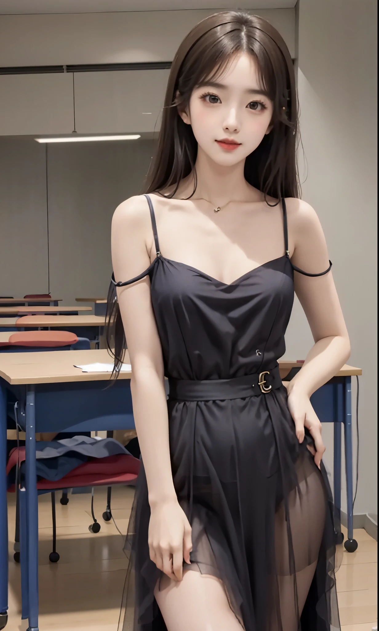 long dress,bare shoulders,(knee shot), (8K, original photo, lifelike:1.25),(inside the classroom, sitting on desk), Warm colors, Color saturation, ( lip gloss, eyelash, Grossas, shiny skin, best quality, ultra high definition, depth of field, Color difference, Caustics, Extensive lighting, natural shadow, kpop idol) Looking at the audience with calmness and goddess-like happiness,