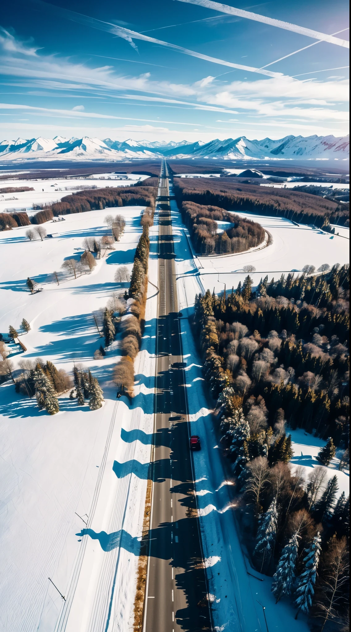 （best quality：1.4)（best result：1.4）（Super clear image quality：1.4）（Super clear details：1.2）poster，Vertical bird&#39;s eye view of the ground，winter in the north，A winter foane road runs through the screen from top to bottom，Sipai Highway，The road is flanked by forest and meadows covered with snow.，Forests and meadows are covered with snow，The forest and grassland are all white，epic picture，Cinematic quality，bright，Epic feeling，Go forward indomitably，epic ray,Spectacular clouds on the skyline，momentum