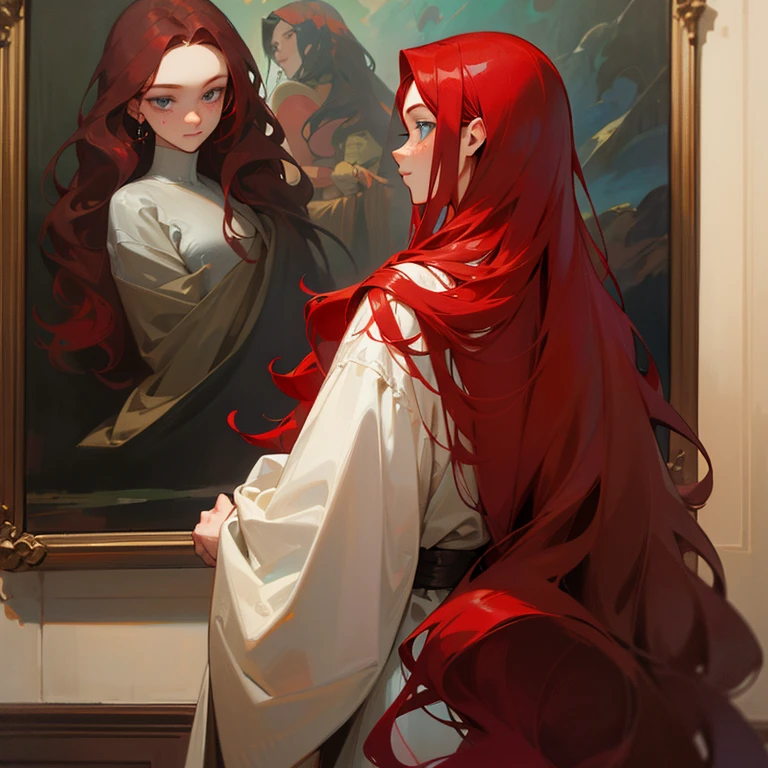 Red-haired man with his back turned, sporting long, straight red hair flowing down to his lower back, gazing at a painting of a queen with long, wavy black hair, freckles on her cheeks, and very light blue eyes, portraying an ile face.