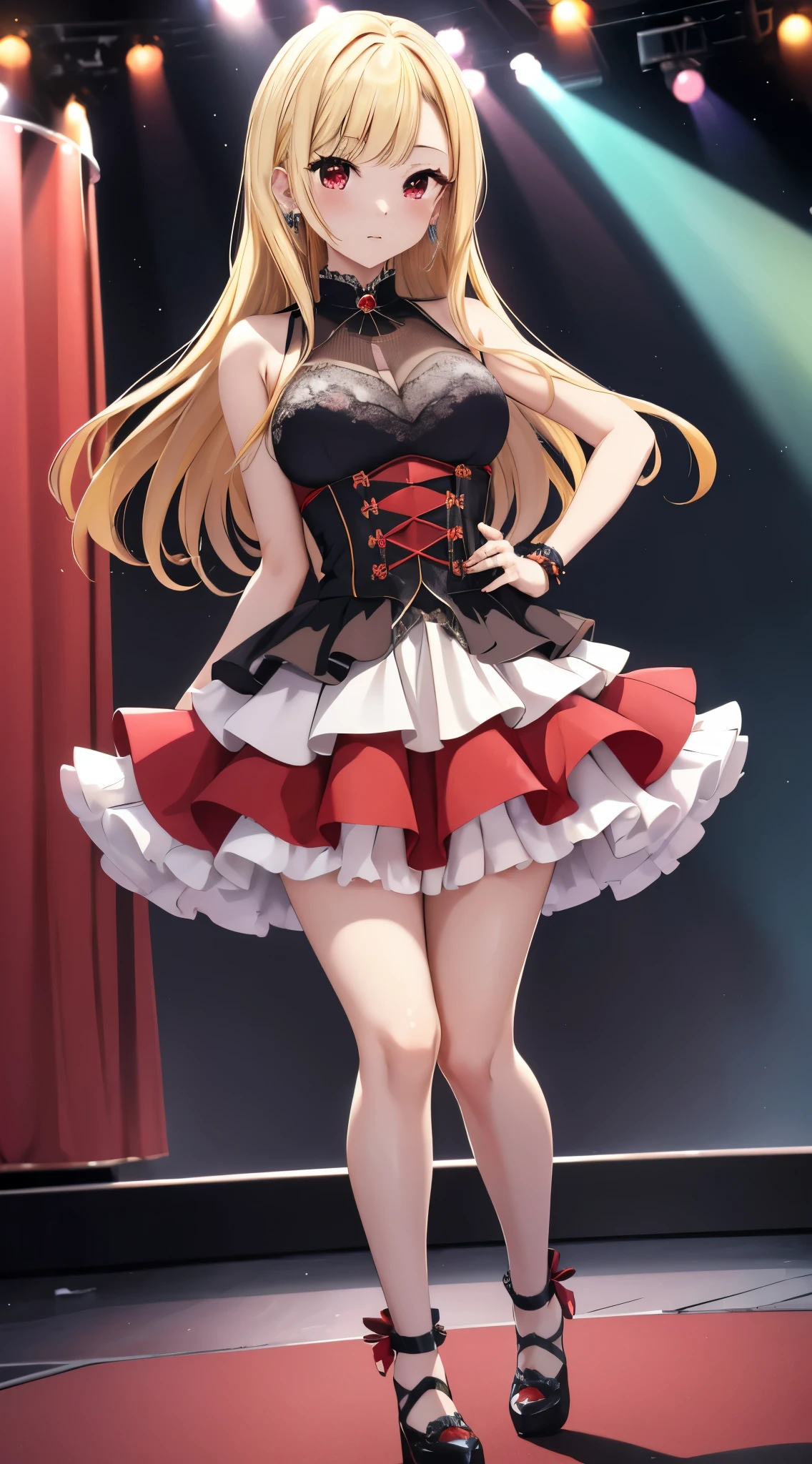 masterpiece, best quality, highres, kitagawa marin, 1girl, blonde hair, long hair, swept bangs, gradient hair, red eyes, jewelry, earrings, piercing, glossy lips, lips parted, blush, idol dress, puffy skirt, flared skirt, high heels, cleavage,