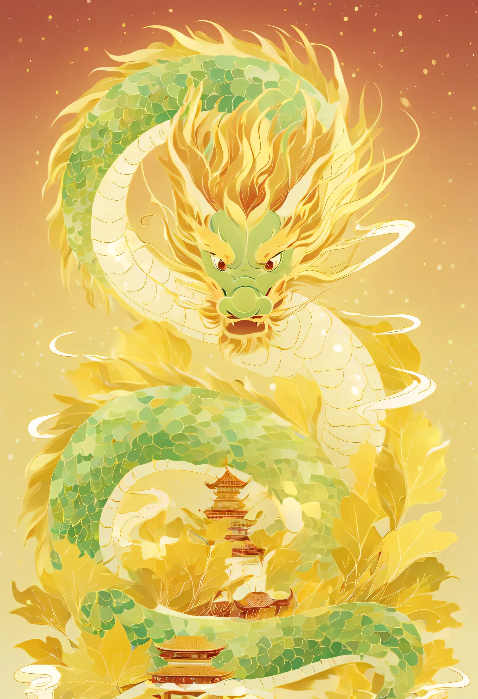 Year of the Dragon Poster， Quiet and atmospheric style, dragon art, Artie Guerlain, leaf pattern, Miki Asai, strong facial expressions, light maroon and light yellow 4k，GCCH