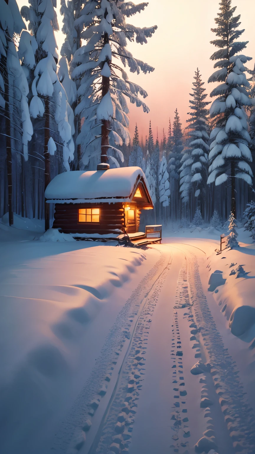 Heavy snow is flying,The end of the forest path,There is a cabin with a warm firelight