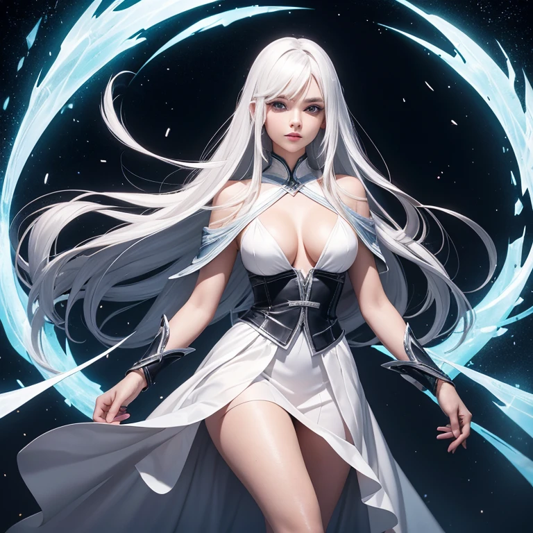 There is a adult woman using ice magic , at night, wearing a white dress,high heels, Dark tights, white hair,, lips,thin lips, soft face, green eyes,Eyeshadows,eyeliner,knee length hair,curved hair, thin waist,Big chest, high quality, highly detailed skin, dynamic pose