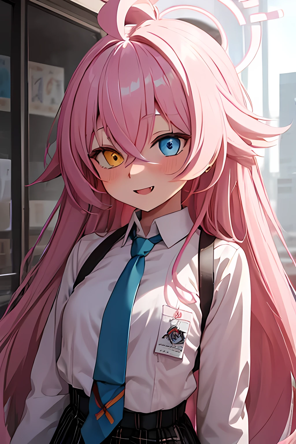 masterpiece, best quality, ahoge, pink_hair, long_hair, halo, bangs, blue_eyes, very_long_hair, yellow_eyes, heterochromia, open_mouth, blush, hair_between_eyes, smile, fang, necktie