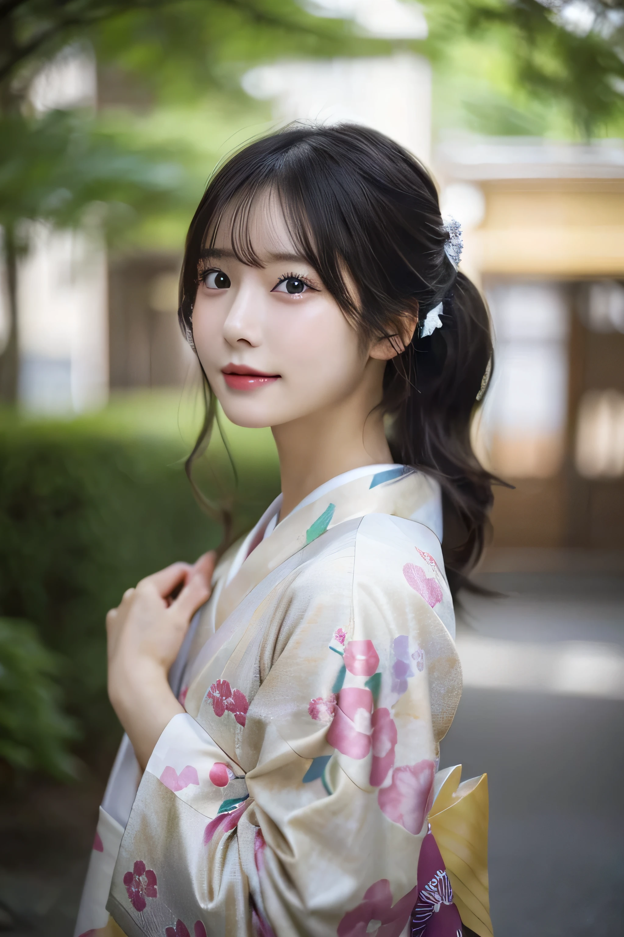 (Kimono)、((35 year old))、randome pose、(top-quality,masterpiece:1.3,超A high resolution,),(ultra-detailliert,Caustics),(Photorealsitic:1.4,RAW shooting,)Ultra-realistic capture,A highly detailed,High resolution 16K human skin close-up、 Skin texture is natural、、The skin looks healthy with an even tone、 Use natural light and color,1人,japanes,,kawaii,A dark-haired,Middle hair,,smil,,(depth of fields、chromatic abberation、、Wide range of lighting、Natural Shading、)、
