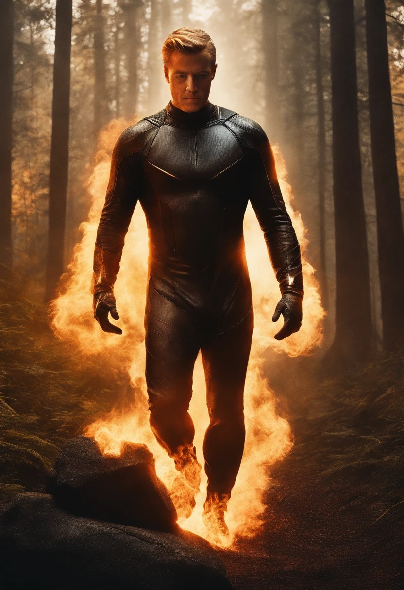 Human torch on whole body on fire in the forest
