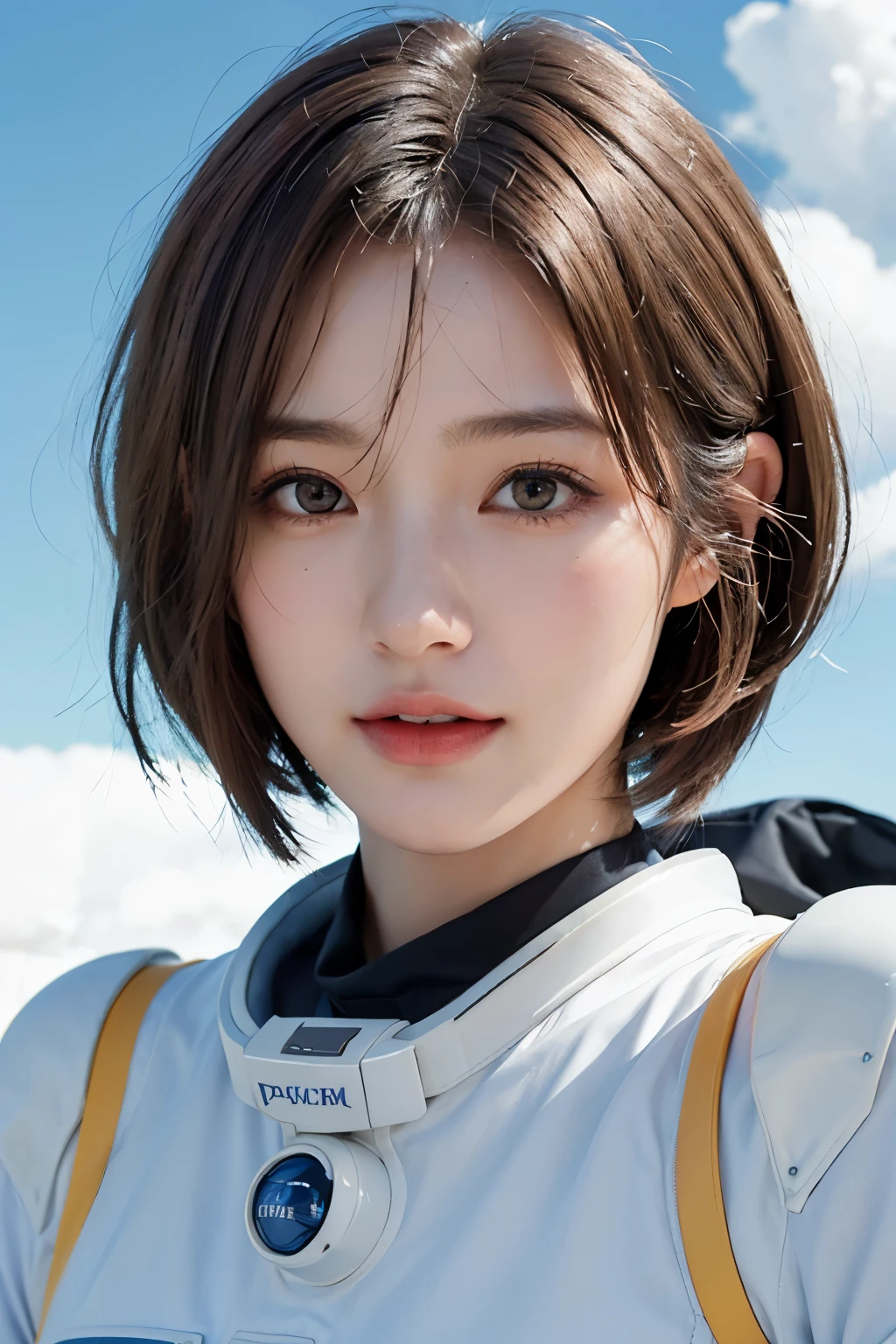 highest quality、masterpiece、ultra high resolution、(real:1.4)、Beautiful woman1、Beautiful details of eyes and skin、smile、light brown short cut hair、The perfect spacesuit、Cloudy sky、Snow Planet、