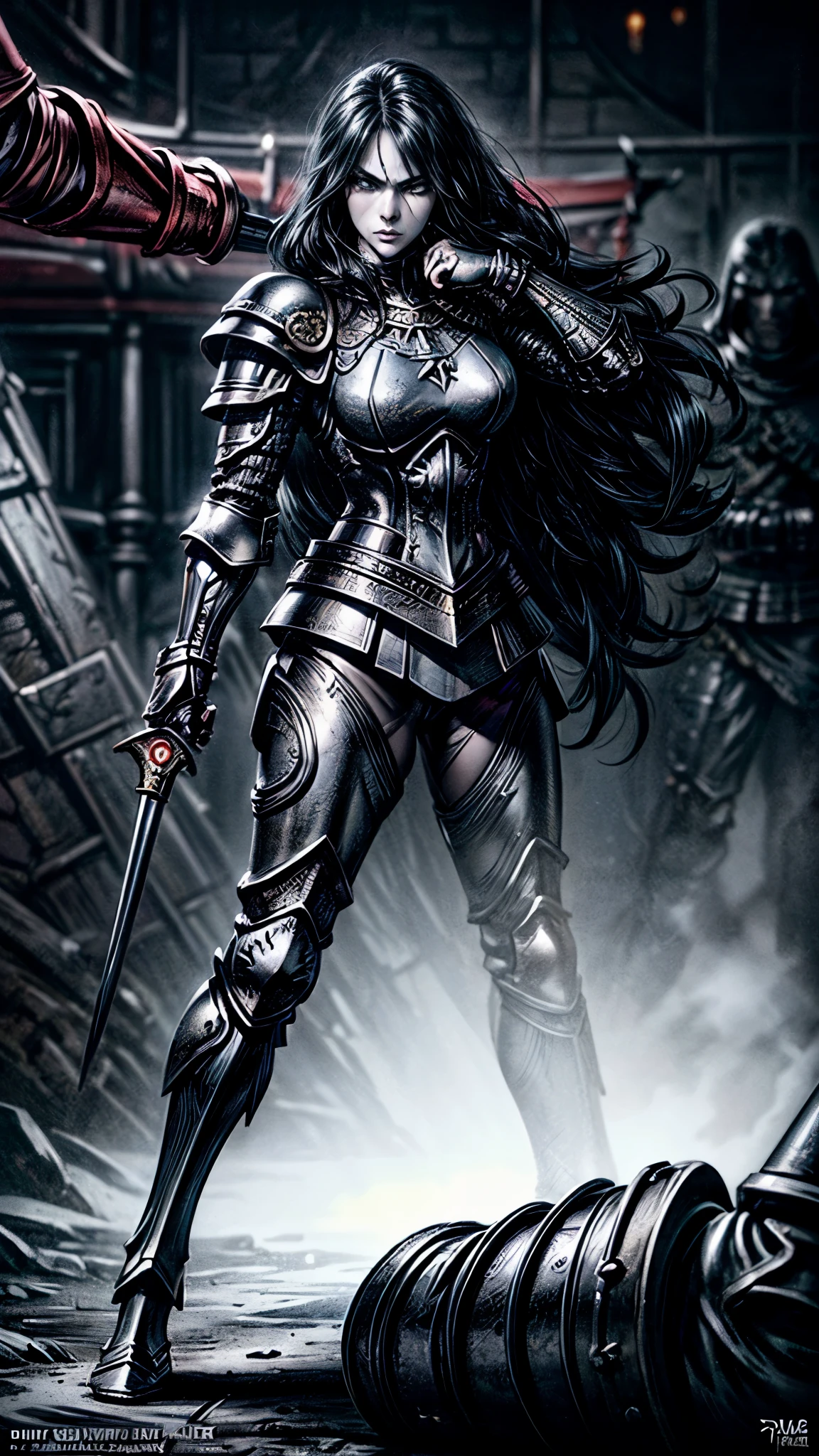 8K分辨率(full body Esbian:1.3)shots、splashart、Great cartoon style、Photorealistic and intense look、feMale knight with fearless face,Anatomical Photorealistic Digital Paintinale:1.3)Human portrait(AS-:1.3)Black and silver complex(heavily armored:1.3)with the(Dark and moody universe:1.3)、light particules、highlydetailed skin、knighttremely detailed eye、 (Elden Ring-style:1.1)、(warhammer style:1.3)、Concept Artist、globalillumination、depth of fields、splashart、art by:ArtGerm、by Greg Rutkowsky、viktoria gavrilenko,Big Sword Details,feMale Knight