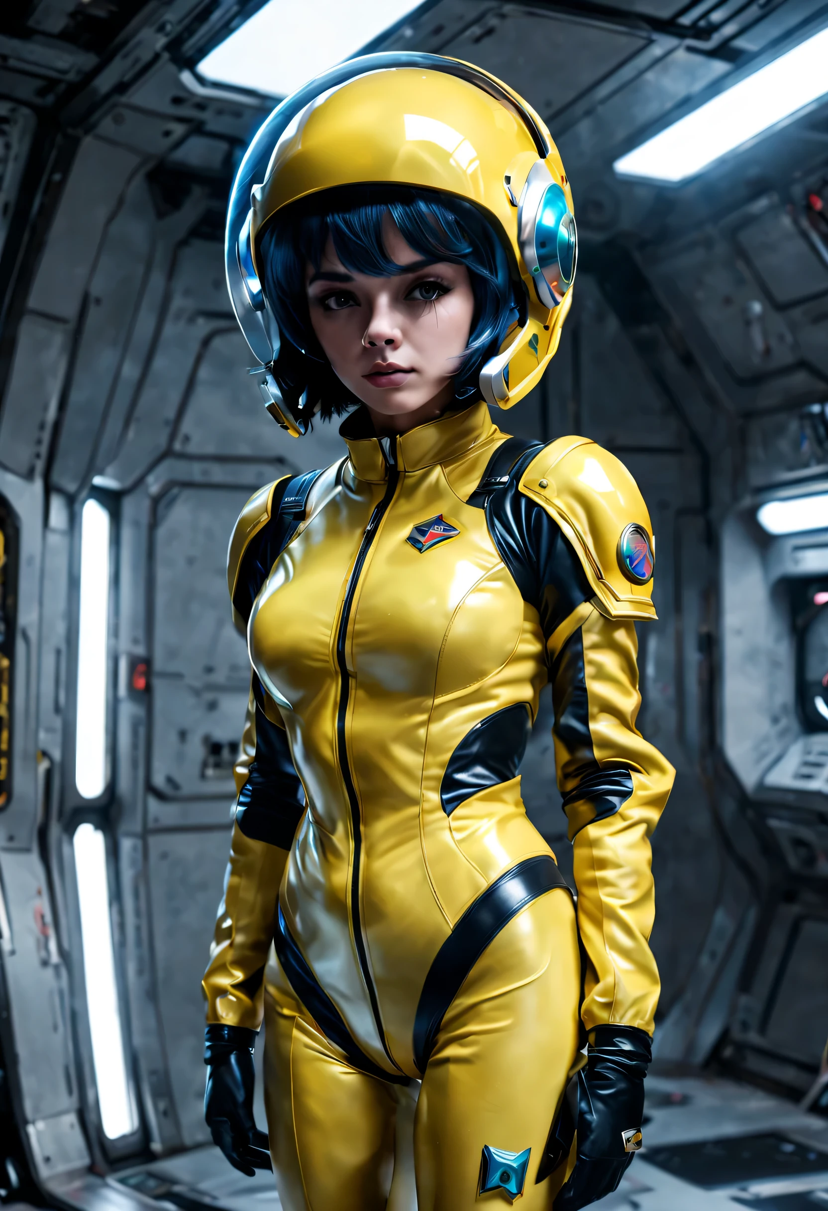 Full Body Shot, a girl, thunder yellow jacket, tight suit,Space helm of the 1960s,and the anime series G Force of the 1980s,Darf Punk wlop glossy skin, ultrarealistic sweet girl, space helm 60s, holographic, holographic texture, the style of wlop, space,
