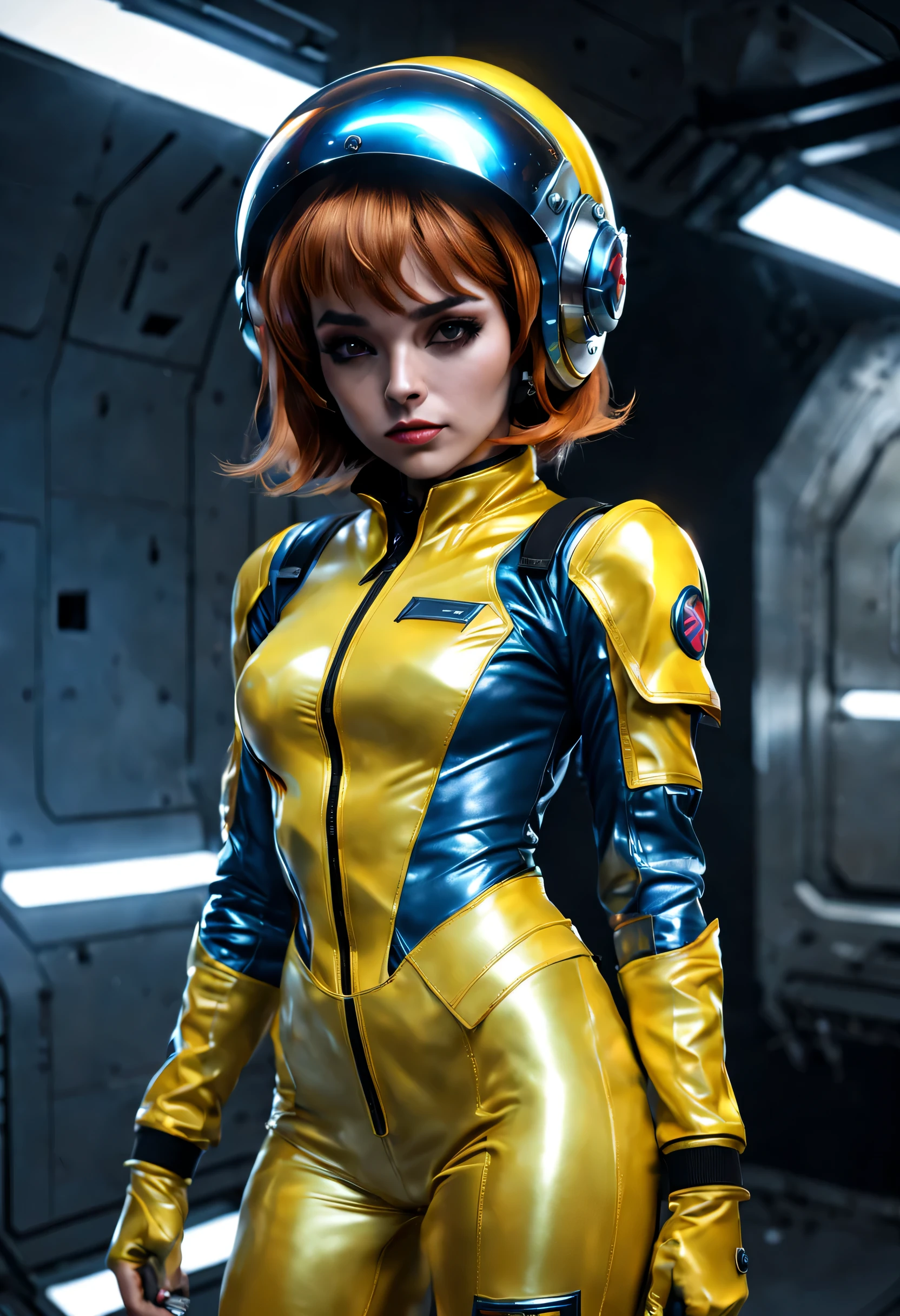 Full Body Shot, a girl, thunder yellow jacket, tight suit,Space helm of the 1960s,and the anime series G Force of the 1980s,Darf Punk wlop glossy skin, ultrarealistic sweet girl, space helm 60s, holographic, holographic texture, the style of wlop, space,