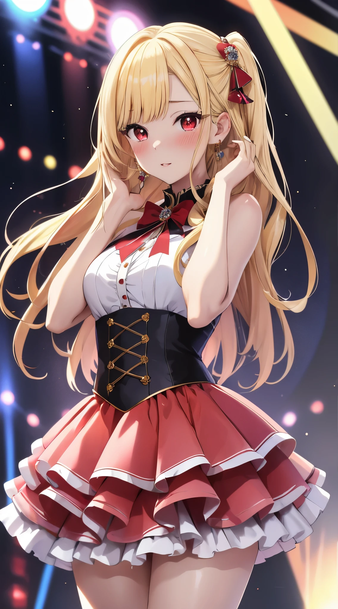 masterpiece, best quality, highres, kitagawa marin, 1girl, blonde hair, long hair, swept bangs, gradient hair, red eyes, jewelry, earrings, piercing, glossy lips, blush, idol dress, puffy skirt, flared skirt, full body