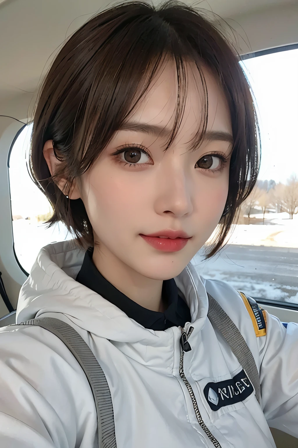 highest quality、masterpiece、ultra high resolution、(real:1.4)、Beautiful woman1、Beautiful details of eyes and skin、smile、light brown short cut hair、The perfect spacesuit、gray world、Snow Planet、