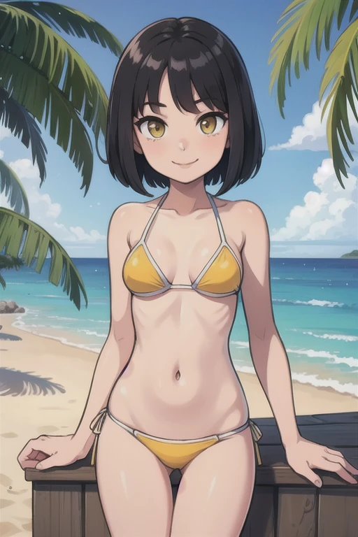 masterpiece, high quality, solo, 1 girl, looking at viewer, smile, black hair, bob hair, yellow eyes, bikini, ocean, beach, sunshine,