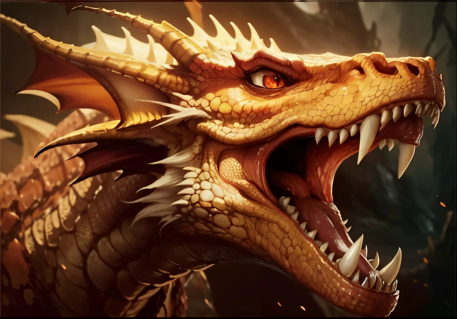 a close up of a dragon with its mouth open and its teeth wide open, ''dragon breathing fire, dragon face, dragon breathing fire, smaug, epic dragon, dragon portrait, dragon mouth, fire breathing dragon, fire dragon, hyperrealistic d & d fantasy art, firebreathing dragon, european dragon, dragon with scars, dragon head, portrait of a dragon