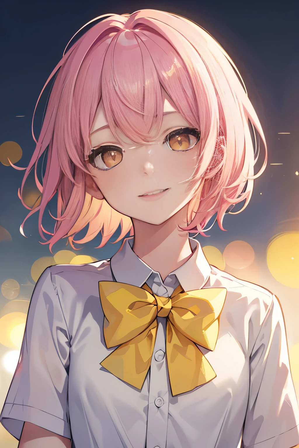 masterpiece, best quality, short hair, pink hair, close up, yellow eyes, Smile, Small, bow tie, White shirt, night, Bokeh, outdoor,Attention to detail，High quality eyes，