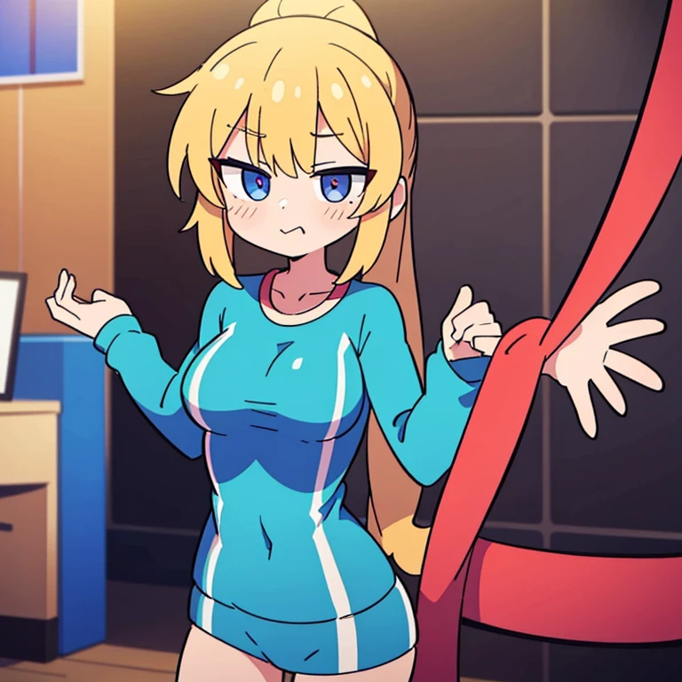 1girl, solo, long hair, breasts, looking at viewer, blush, smile, open mouth, bangs, blue eyes, blonde hair, large breasts, hair ornament, bow, animal ears, cleavage, :d, pantyhose, thighs, fang, indoors, bowtie, black footwear, rabbit ears, high heels, arms up, leotard, two side up, wrist cuffs, covered navel, thigh strap, fake animal ears, highleg, playboy bunny, squatting, highleg leotard, white leotard