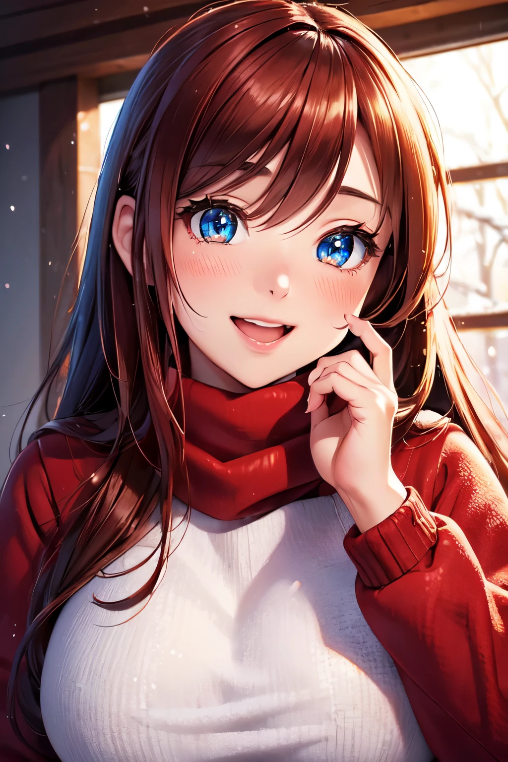 (High quality, High resolution, Fine details), Realistic, snowy landscape, (Red Winter Warm Clothes), solo, curvy women, sparkling eyes, (Detailed eyes:1.2), (smile), blush, Open Mouth, (Hot Breath:1.2), shallow depth of field