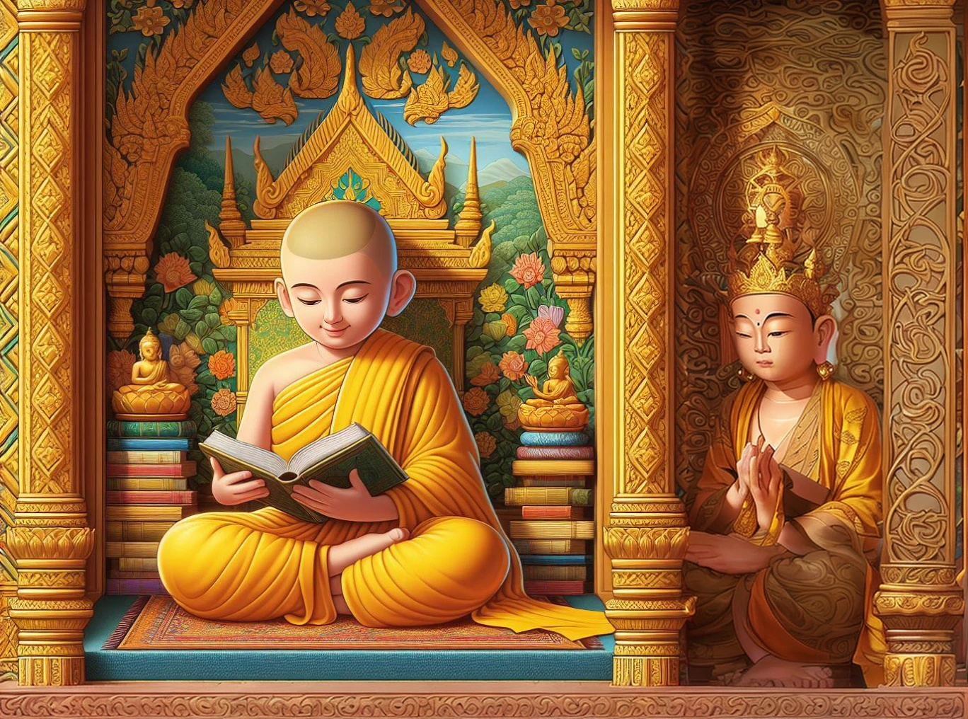 a painting of a monk reading a book in a temple, buddhist monk, monk meditate, buddhist monk meditating, buddhism, samsara, on the path to enlightenment, the buddha, portrait of monk, buddhist, buddhist art, 2 1 st century monk, on path to enlightenment, enlightenment. intricate, monk, tithi luadthong, enlightenment, detailed book illustration