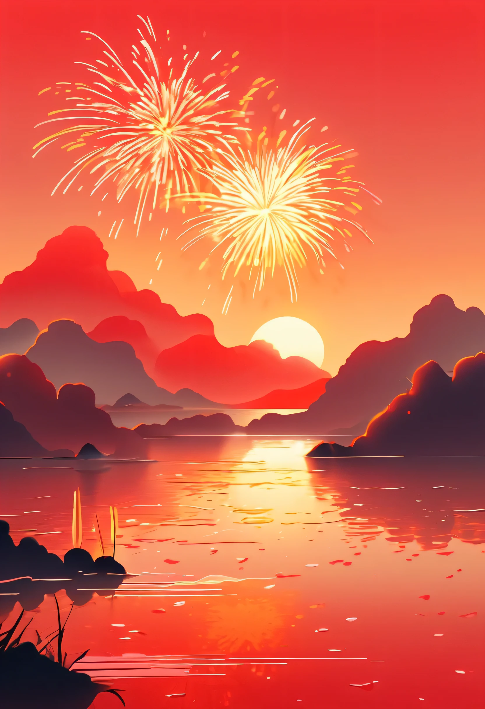 elegant, Red sunset with fireworks reflected in the water, Graphic design inspired illustration style, traditional Chinese, , color illustration, desert wave