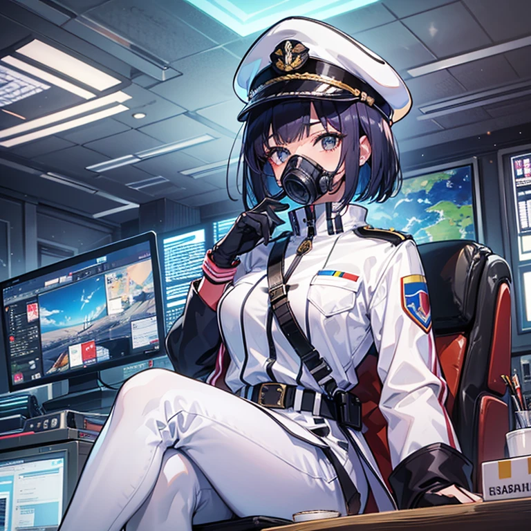(((masterpiece、Highest image quality、highest quality、highly detailed unity 8kwallpaper)))、(Illustration of one woman)、30 years old、(Viceroy)、((Black hair bob cut))、(((Gas mask covering the mouth)))、(((Gas mask covering the mouth)))、Gray eyes、((tall))、((big breasts))、((Military uniforms))、((Military Cap))、((Military coat))、(white clothes)、(White pants)、(white hat)、trench coat、(((Sitting in the captain's seat)))、(((Inside a futuristic spaceship、Surrounded by instruments and monitors、The Universe on the Monitor、Earth seen from space)))
