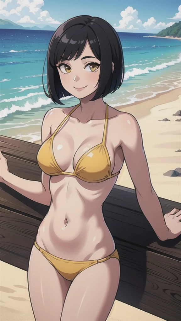 masterpiece, high quality, solo, 1 girl, looking at viewer, smile, black hair, bob hair, yellow eyes, bikini, ocean, beach, sunshine,