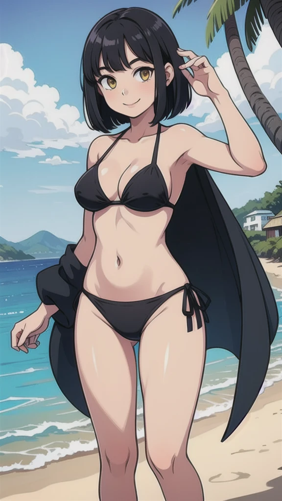 masterpiece, high quality, solo, 1 girl, looking at viewer, smile, black hair, bob hair, yellow eyes, bikini, ocean, beach, sunshine,