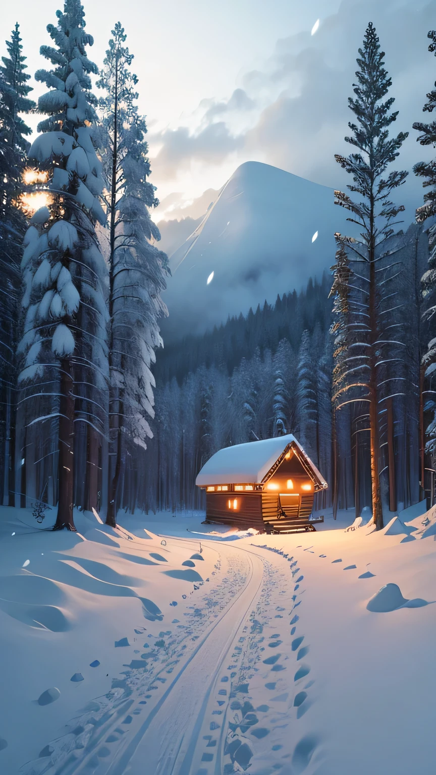 heavy snowfall，The end of the forest path，There is a hut，There is a warm firelight