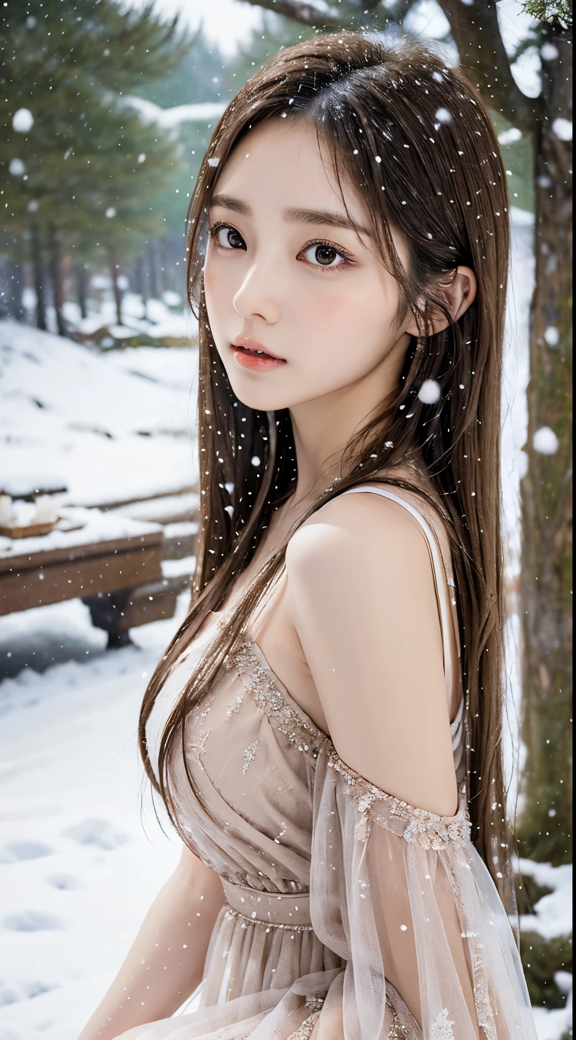 long dress,dress, (knee shot), 1womanl, up of face, light brown hair, Blunt bangs, hair behind ear, hair over shoulder, Long hair, slender body shape, Ultra Fine Face, Thin face, Delicate lips, Beautiful eyes, thin blush, eyes are light brown,View here, (realisitic:1.3), Coniferous forest with heavy snowfall, It's snowing .One-person viewpoint, 8K, masutepiece, nffsw, Super Detail, High quality, Best Quality, hight resolution,