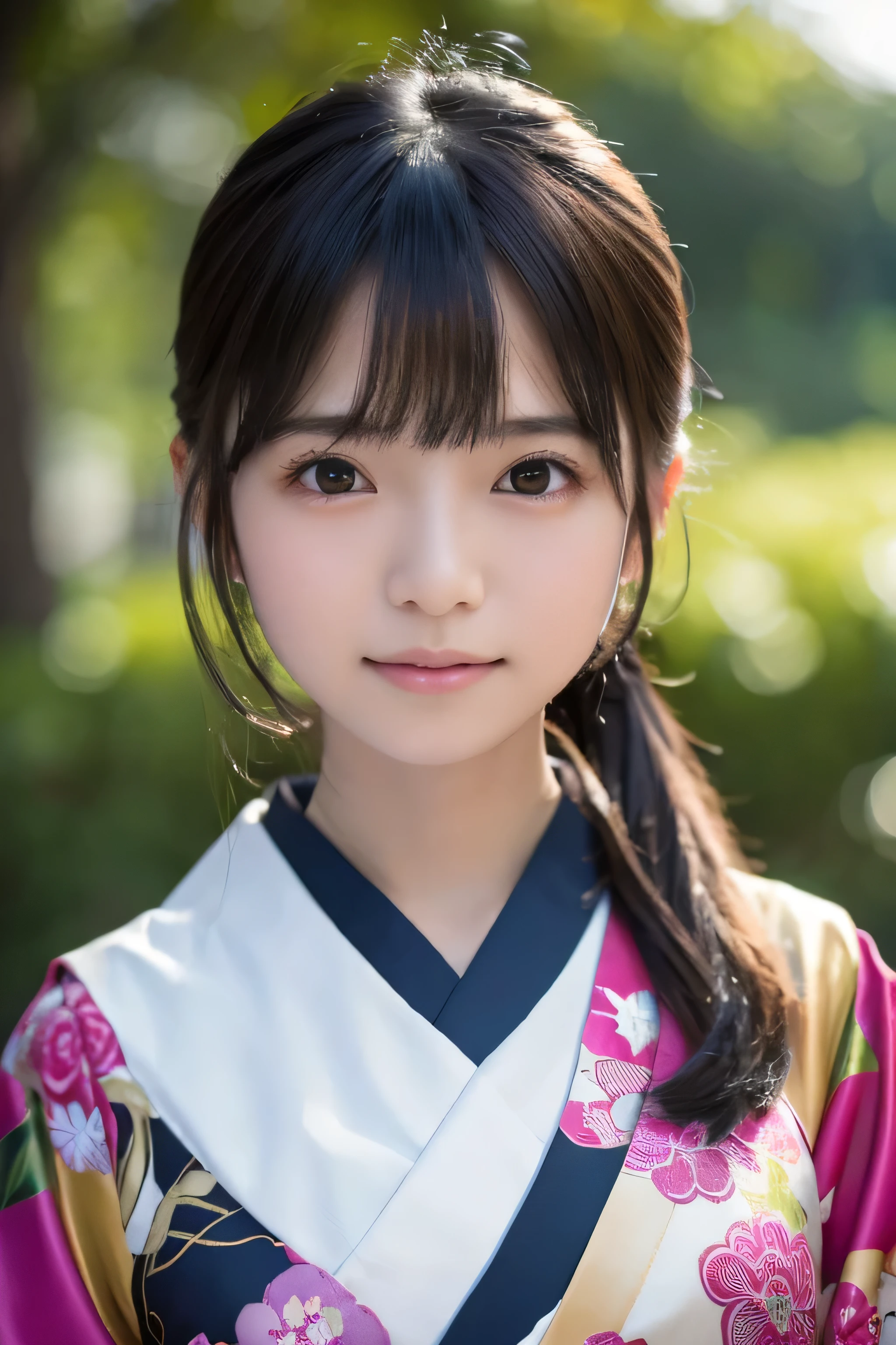 (Kimono)、((15yo student))、randome pose、(top-quality,​masterpiece:1.3,超A high resolution,),(ultra-detailliert,Caustics),(Photorealsitic:1.4,RAW shooting,)Ultra-realistic capture,A highly detailed,High resolution 16K human skin closeup、 Skin texture is natural、、The skin looks healthy with an even tone、 Use natural light and color,女の子1人,japanes,,kawaii,A dark-haired,Middle hair,,smil,,(depth of fields、chromatic abberation、、Wide range of lighting、Natural Shading、)、
