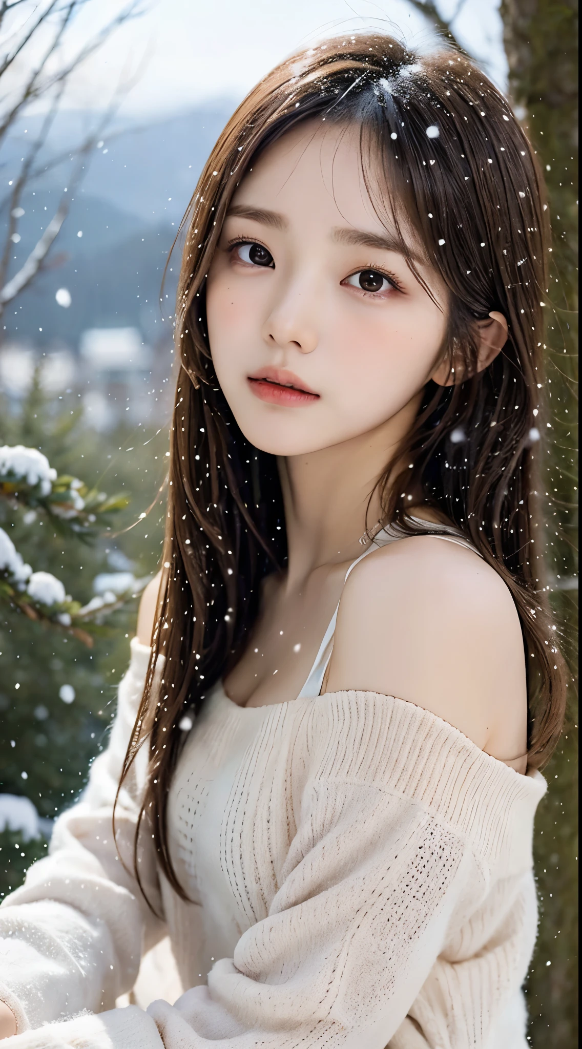 ((Best Quality, 8K, Masterpiece: 1.3)), 1 girl, perfect facial features, full body, full of temptation, snow-white skin, slim face, beautiful woman with long snow-white legs, (dark brown hair), naked,nude :1.1, ultra-detailed face, detailed eyes, double eyelids, blurred background, slim face, snow background forect