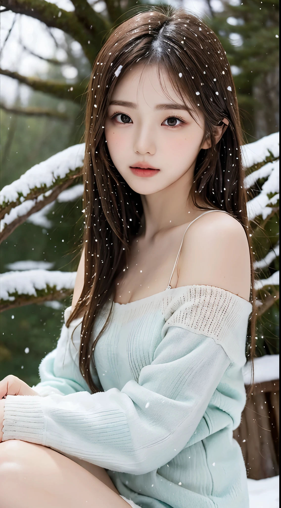  ((knee shot)), 1womanl, up of face, light brown hair, Blunt bangs, hair behind ear, hair over shoulder, Long hair, slender body shape, Ultra Fine Face, Thin face, Delicate lips, Beautiful eyes, thin blush, eyes are light brown,View here, (realisitic:1.3), Coniferous forest with heavy snowfall, It's snowing .One-person viewpoint, 8K, masutepiece, nffsw, Super Detail, High quality, Best Quality, hight resolution,