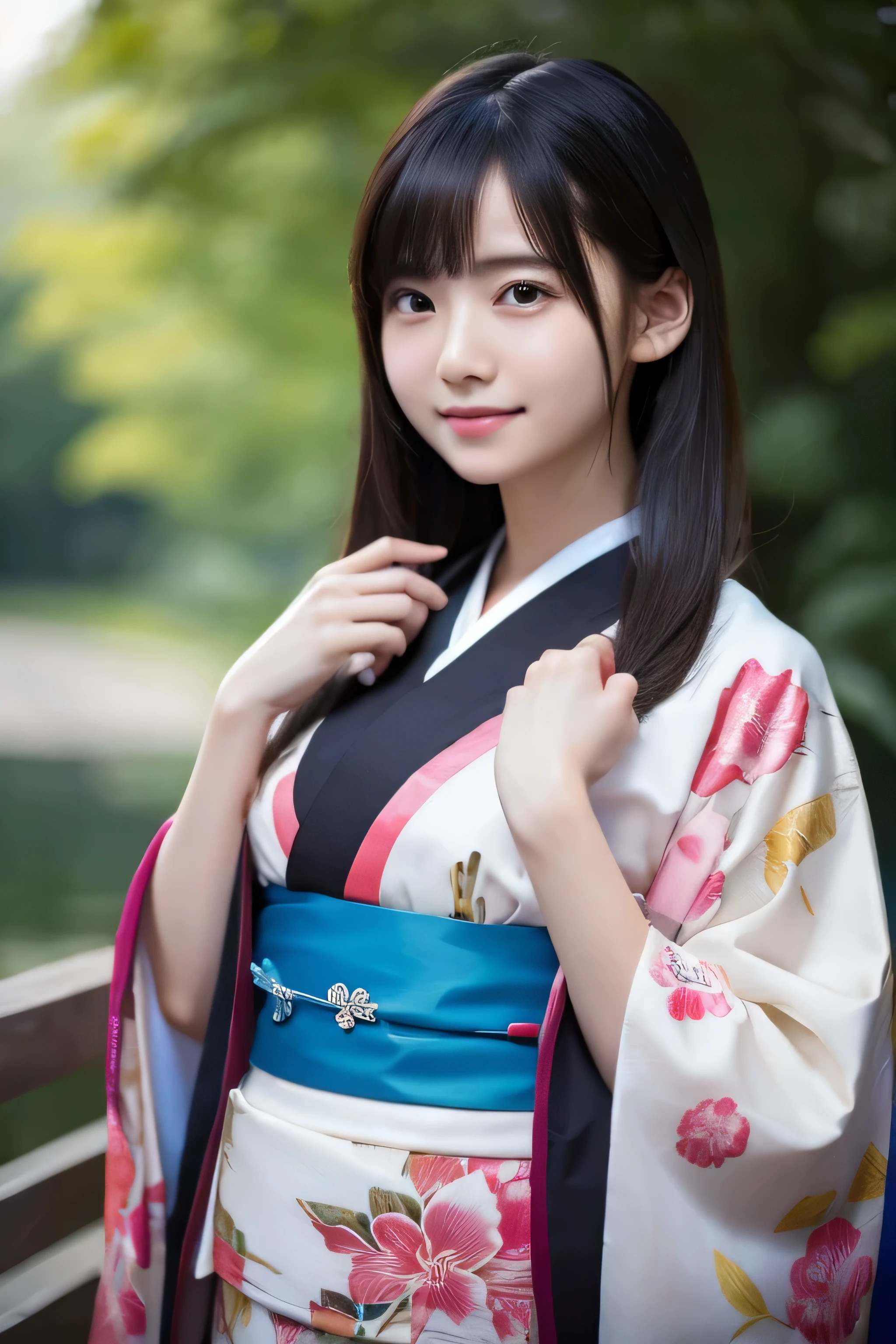 (Kimono)、(())、randome pose、(top-quality,​masterpiece:1.3,超A high resolution,),(ultra-detailliert,Caustics),(Photorealsitic:1.4,RAW shooting,)Ultra-realistic capture,A highly detailed,High resolution 16K human skin closeup、 Skin texture is natural、、The skin looks healthy with an even tone、 Use natural light and color,女の子1人,japanes,,kawaii,A dark-haired,Middle hair,,smil,,(depth of fields、chromatic abberation、、Wide range of lighting、Natural Shading、)、