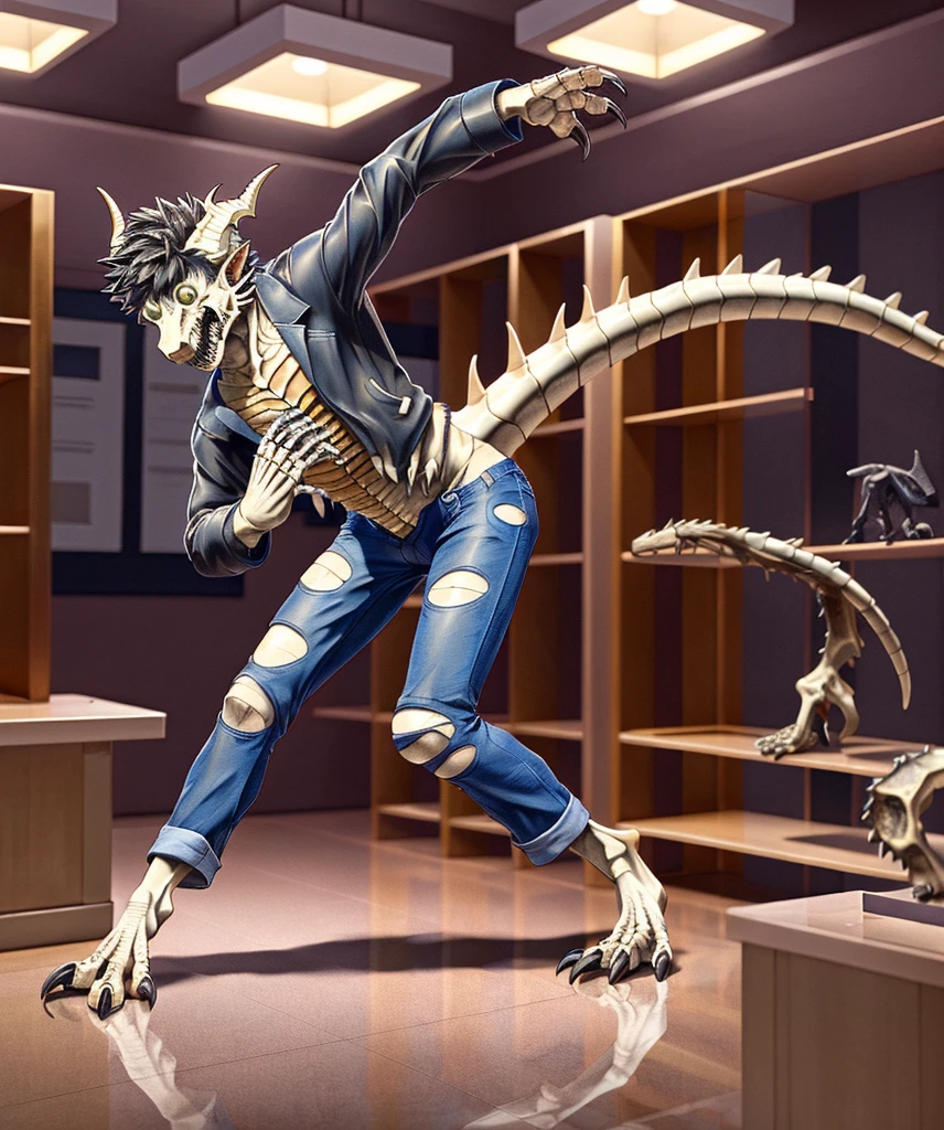 best quality, ultra high resoultion, masterpiece, extremely detailed raw photograph, inside fantasy paleontology museum at night, standing on empty exhibit plinth, half transformation, college girl skeletal dragon hybridization metamorphosis, torn jeans and jacket,
