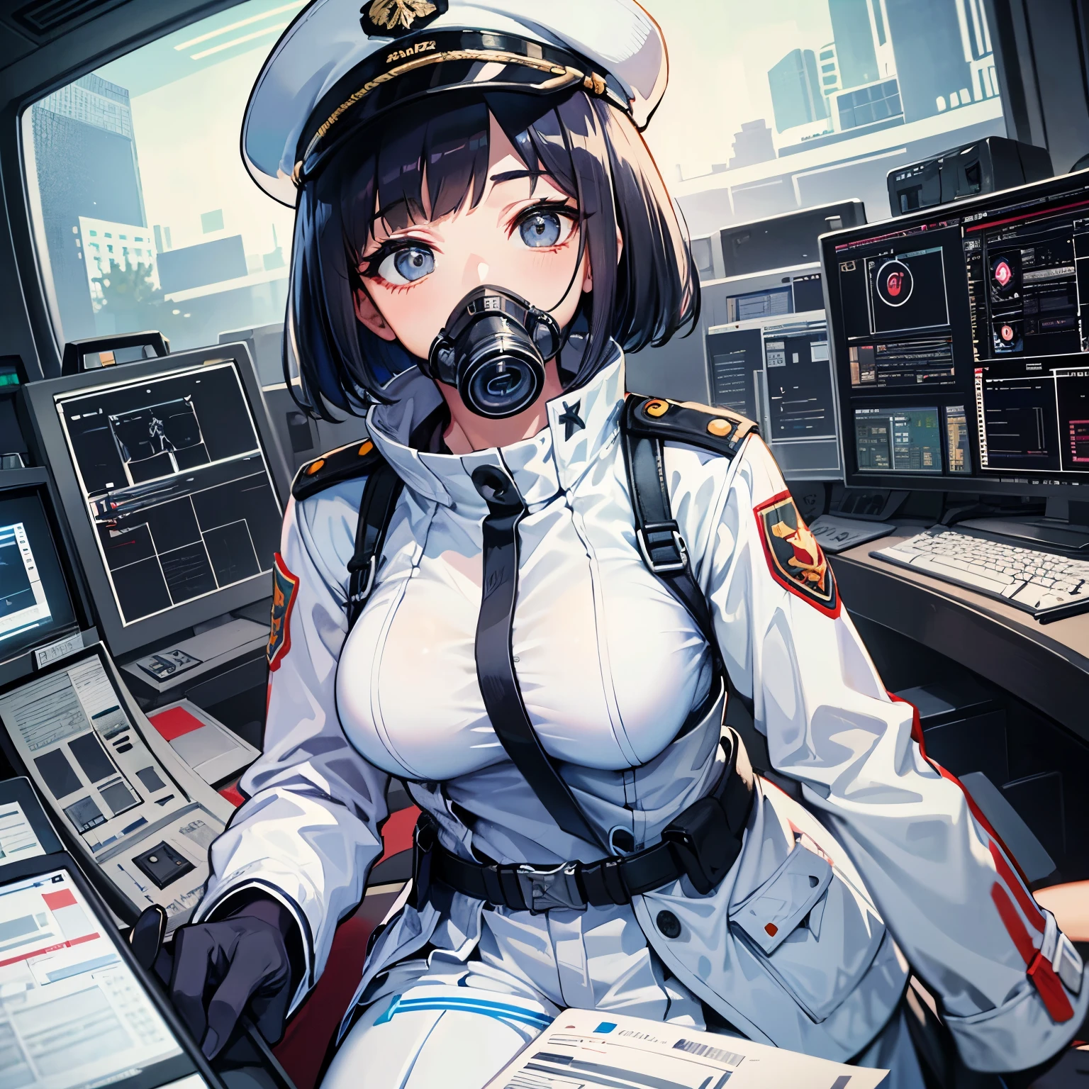 (((masterpiece、Highest image quality、highest quality、highly detailed unity 8kwallpaper)))、(Illustration of one woman)、30 years old、(Viceroy)、((Black hair bob cut))、(((Gas mask covering the mouth)))、(((Gas mask covering the mouth)))、Gray eyes、((tall))、((big breasts))、((Military uniforms))、((Military Cap))、((Military coat))、(white clothes)、(White pants)、(white hat)、trench coat、(((Sitting in the captain's seat)))、(((Inside a futuristic spaceship、Surrounded by instruments and monitors、The Universe on the Monitor、Earth seen from space)))