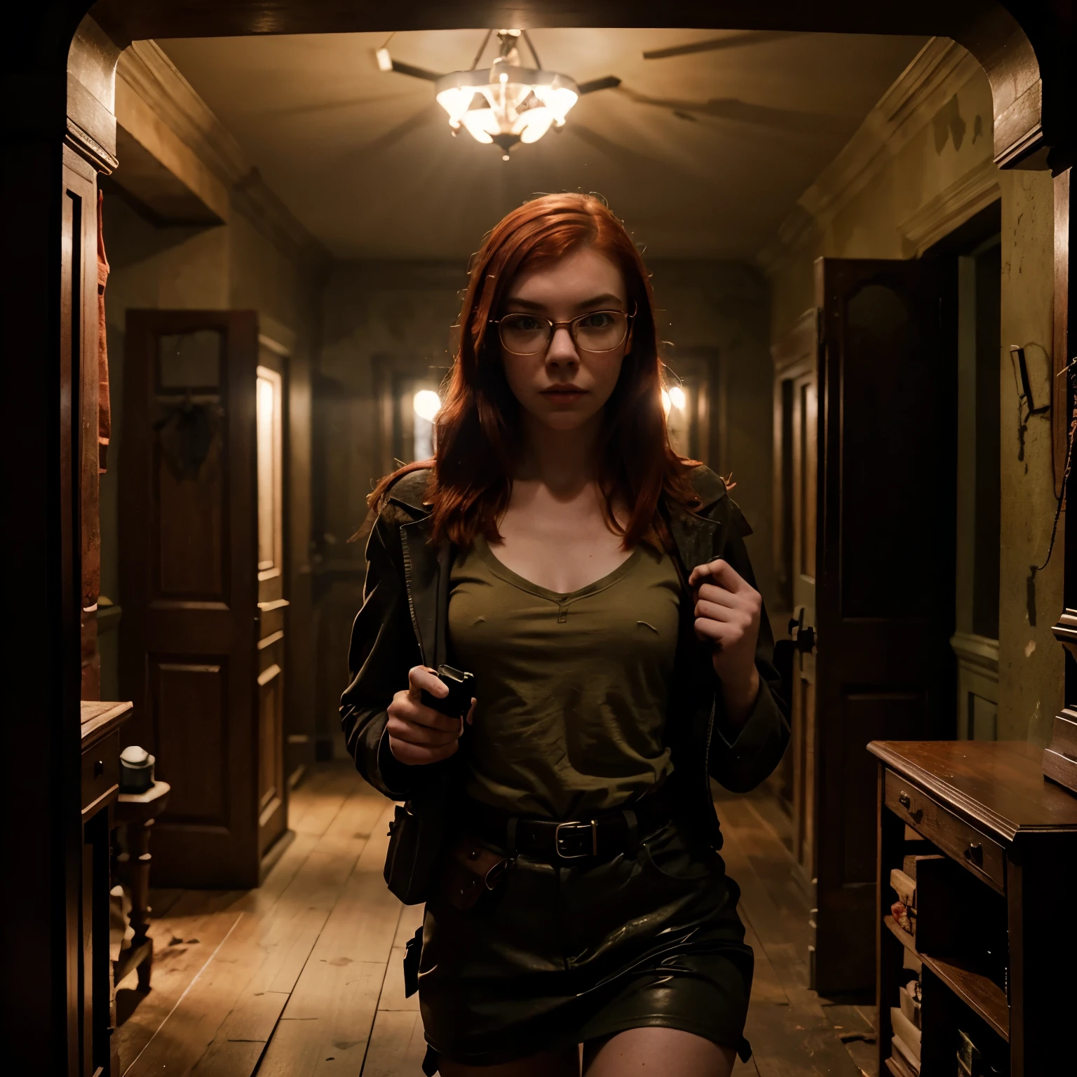 Anya Taylor Joy with red hair and glasses and freckles, dressed for combat and carrying handguns in a spooky haunted house