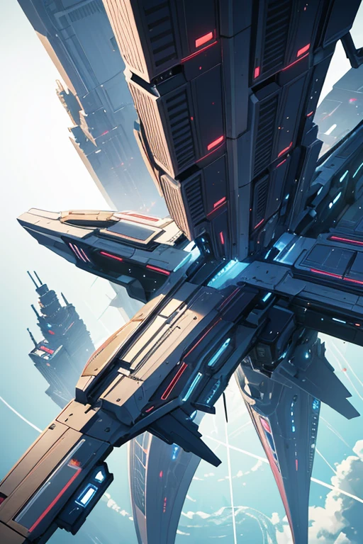Create futuristic hyperealist works of art, Imagine a floating city in the sky, with complex architectural structures and advanced technology. Paint this futuristic city with a wealth of detail, capturing the bright lights, suspended platforms and flying vehicles that crisscross the skies.
