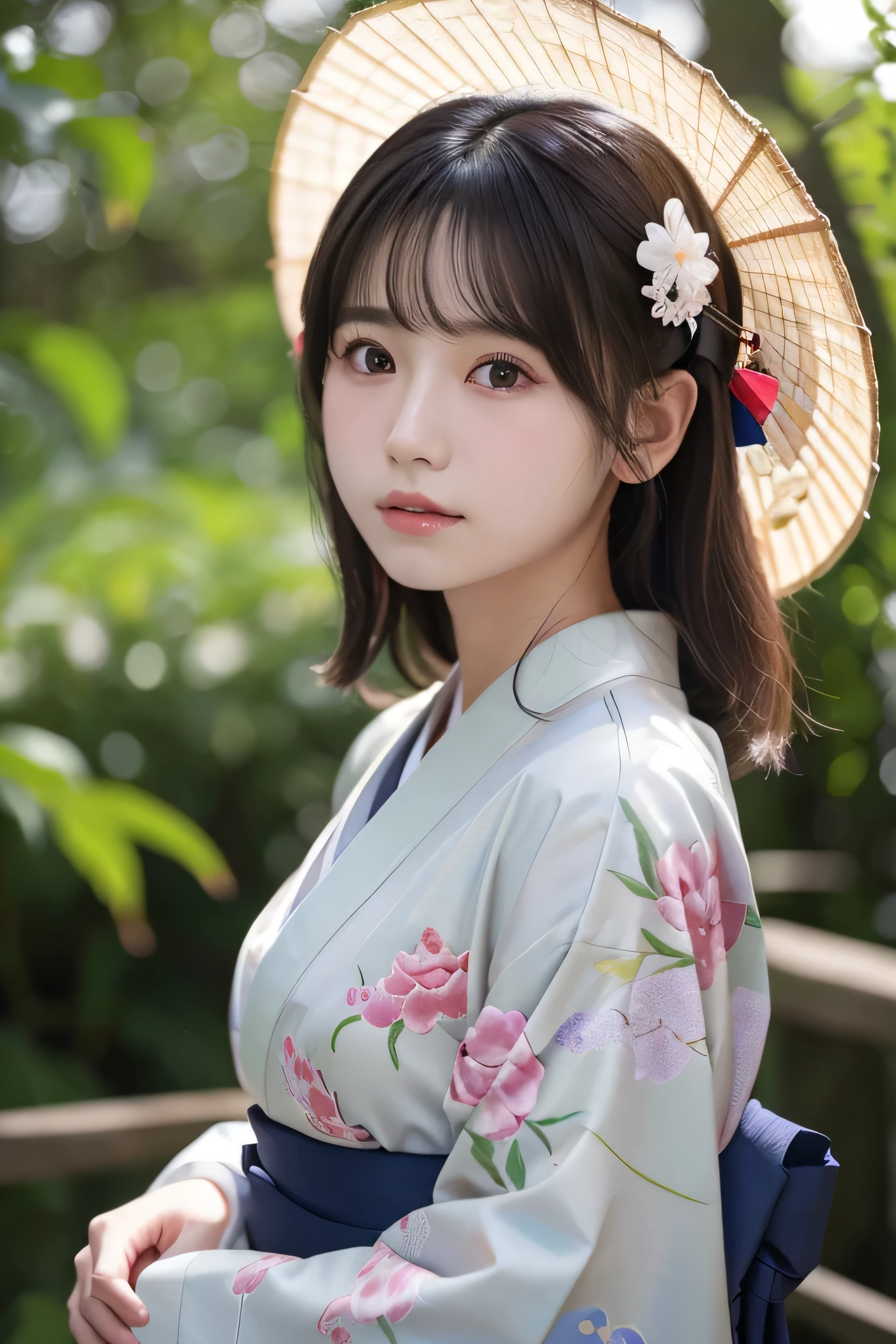 (Kimono)、(())、randome pose、(top-quality,​masterpiece:1.3,超A high resolution,),(ultra-detailliert,Caustics),(Photorealsitic:1.4,RAW shooting,)Ultra-realistic capture,A highly detailed,High resolution 16K human skin close-up、 Skin texture is natural、、The skin looks healthy with an even tone、 Use natural light and color,女の子1人,japanes,,kawaii,A dark-haired,Middle hair,,smil,,(depth of fields、chromatic abberation、、Wide range of lighting、Natural Shading、)、