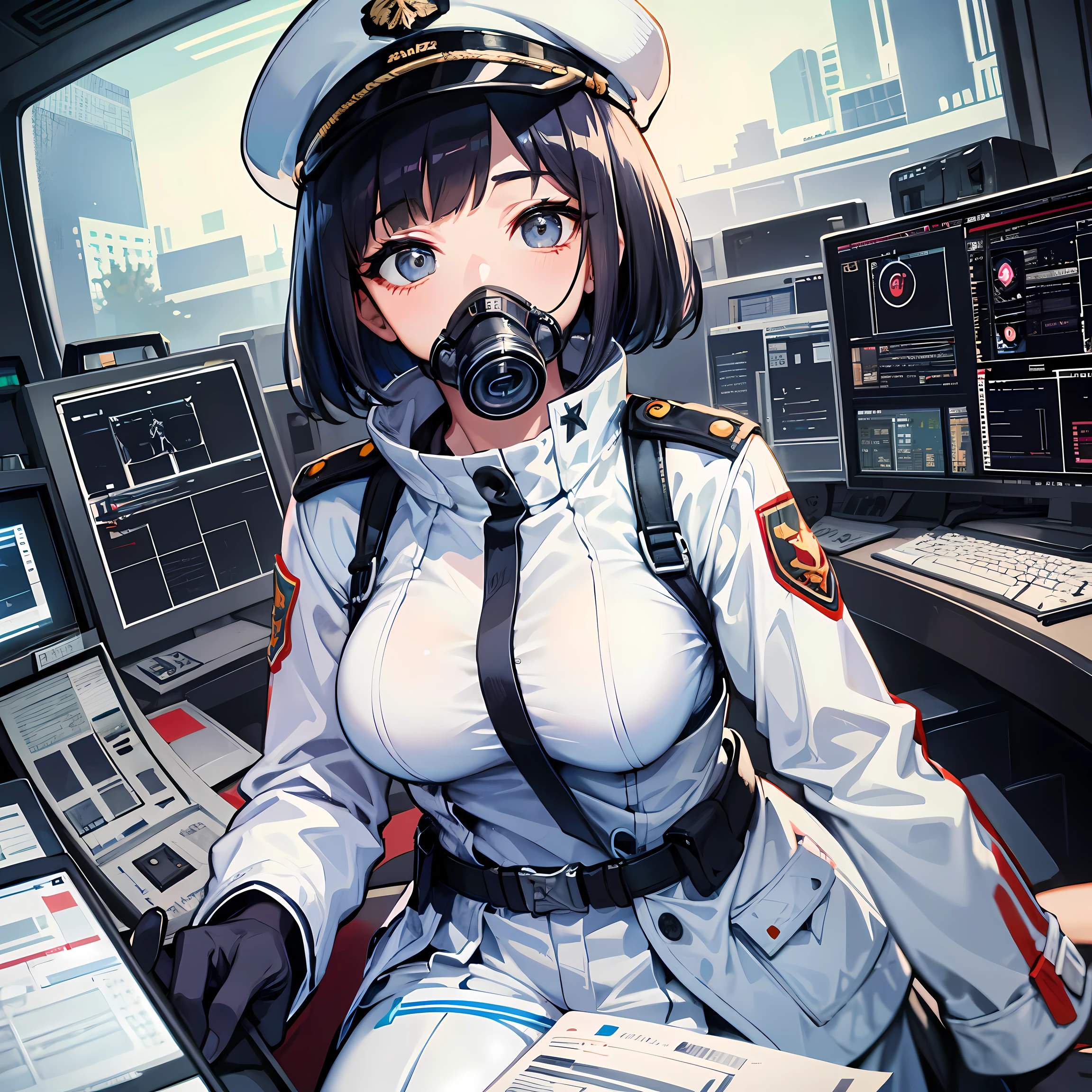 （（（masterpiece、best image quality、highest quality、Highly detailed Unity 8ｋwallpaper）））、（Illustration of one woman）、30 years old、（Viceroy）、（（Black Hair Bob Cut））、（（（Gas mask covering the mouth）））、（（（Gas mask covering the mouth）））、gray eyes、（（expensive））、（（big breasts））、（（Military uniforms））、（（military cap））、（（Military coat））、（white clothes）、（white pants）、（white hat）、trench coat、（（（Sitting in the captain's seat）））、（（（inside a futuristic spaceship、Surrounded by instruments and monitors、universe on monitor、Earth seen from space）））