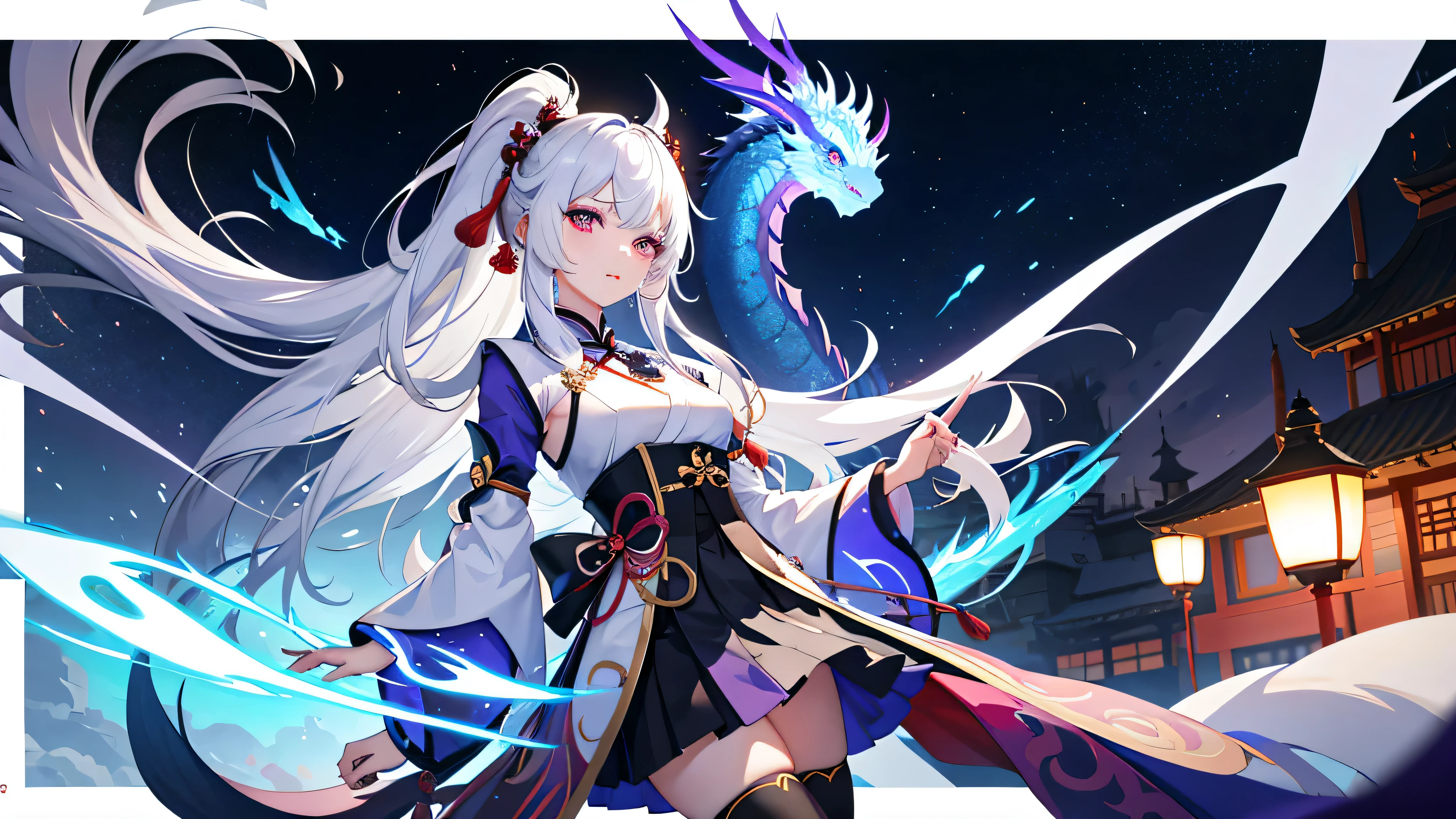 1girll，An oriental dragon， Traditional Chinese clothing， pony tails， white hair， a purple eye， Magic Array， Blue flame， Blue flame， wallpaper， landscape， blood， blood飞溅， depth of field， night， light particules， llight rays， side light， upper legs， destiny\（series\）， Genshin Impact， Open jacket， a skirt， upper legs高跟鞋， Clouds，