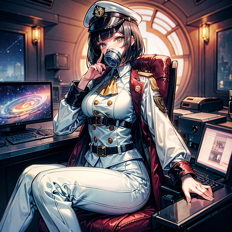 (((masterpiece、Highest image quality、highest quality、highly detailed unity 8kwallpaper)))、(Illustration of one woman)、30 years old、(Viceroy)、((Black hair bob cut))、(((Gas mask covering the mouth)))、(((Gas mask covering the mouth)))、Gray eyes、((tall))、((big breasts))、((Military uniforms))、((Military Cap))、((Military coat))、(white clothes)、(White pants)、(white hat)、trench coat、(((Sitting in the captain's seat)))、(((Inside a futuristic spaceship、Surrounded by instruments and monitors、The Universe on the Monitor、Earth seen from space)))