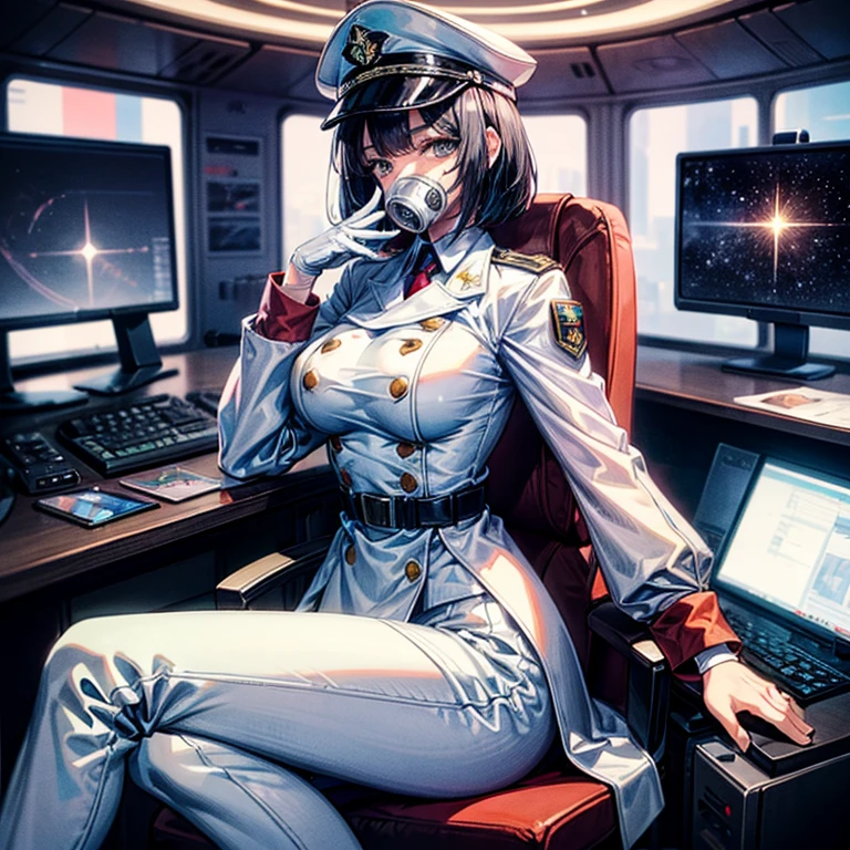 （（（masterpiece、Highest image quality、highest quality、highly detailed unity 8ｋwallpaper）））、（Illustration of one woman）、30 years old、（Viceroy）、（（Black hair bob cut））、（（（Gas mask covering the mouth）））、（（（Gas mask covering the mouth）））、Gray eyes、（（tall））、（（big breasts））、（（Military uniforms））、（（Military Cap））、（（Military coat））、（white clothes）、（White pants）、（white hat）、trench coat、（（（Sitting in the captain's seat）））、（（（Inside a futuristic spaceship、Surrounded by instruments and monitors、The Universe on the Monitor、Earth seen from space）））