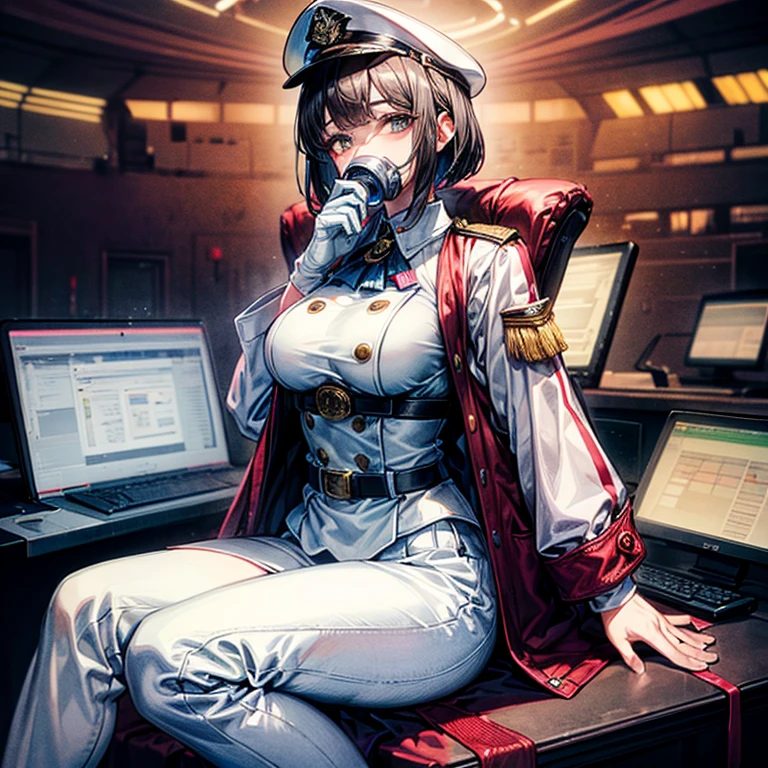 （（（masterpiece、Highest image quality、highest quality、highly detailed unity 8ｋwallpaper）））、（Illustration of one woman）、30 years old、（Viceroy）、（（Black hair bob cut））、（（（Gas mask covering the mouth）））、（（（Gas mask covering the mouth）））、Gray eyes、（（tall））、（（big breasts））、（（Military uniforms））、（（Military Cap））、（（Military coat））、（white clothes）、（White pants）、（white hat）、trench coat、（（（Sitting in the captain's seat）））、（（（Inside a futuristic spaceship、Surrounded by instruments and monitors、The Universe on the Monitor、Earth seen from space）））