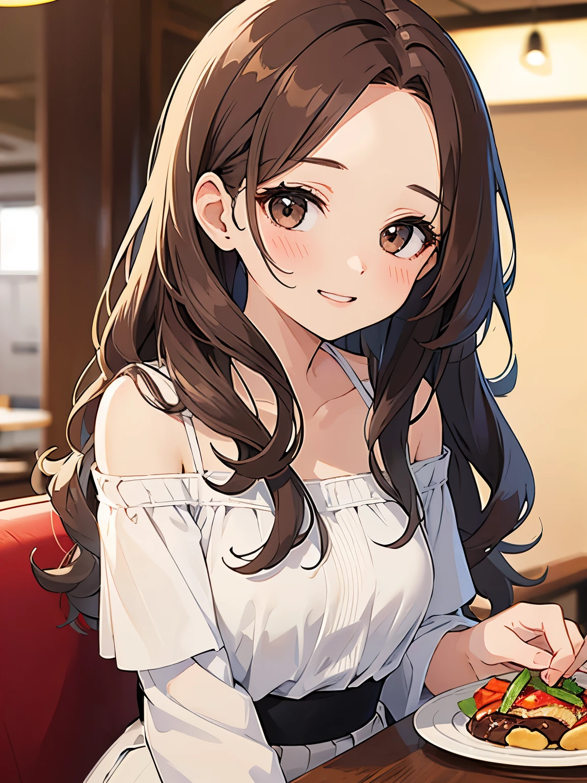 upturned eyes, masterpiece、highest quality、 forehead, curly hair, A 25-year-old woman with light chestnut medium-long hair and brown eyes.、wearing a white off-shoulder blouse、wearing a beige skirt、grin, shy, sitting、The background is a restaurant、bold composition、Upper body is shown、Alone、close up of your face	