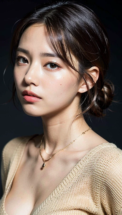 (top-quality、8k、32k、​masterpiece、UHD:1.2)、Photo of a cute Japanese woman、large full breasts、very short bobbed hair、The upper part of the body、sface focus、oversized_sweater、a necklace、simple background、From  above、looking at the viewers、top-quality、​masterpiece、Hi-Res、女の子 1 人、、Beautiful face high resolution, 4k, 8k